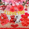 Valentines Party Supplies - Valentines Day Decorations Set, Red Silk Rose Petals, Paper Fans, Heart Shaped, I Love You and Teddy Bear Balloons, Garland Balloons Kit For Valentines Day Party