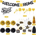 Welcome Home Party Decorations Welcome Back Party Supplies with Welcome Home Banner Welcome Home Balloons Gold Black Hanging Swirls Party Cake Cupcake Topper for Family Friend Party Supplies Decor
