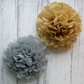 gold and silver tissue paper decorations, pom flowers, pom poms