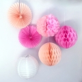 Pack of 6 Pink Tissue Pom Poms, Paper Fans, Honeycomb Balls, Decoration Lanterns