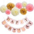 Stock Happy Birthday Banner Tissue Paper Pom Poms Flower for Birthday Party Decorations Pink White Purple Mix