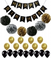 Custom Pink  Gold Black Happy Birthday Banner with Balloons and Tissue Paper Pom Poms for Party Decorations