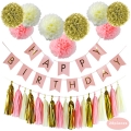 Pink Happy Birthday Banner Tissue Paper Pom Poms Flower Tissue Garland for Birthday Party Decorations