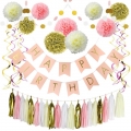 Pink and Gold Birthday Decorations Custom Pom Poms Flowers Paper Tassels Garland Hanging Swirl