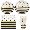 Stripe Polka Dots Gold Theme Disposable Tableware Serves Dinner Plates,Salad Plates,Napkins,Paper Cups, Paper Straws,Tablecloth for Wedding,Anniversary,Birthday,Baby Shower