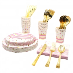 Pink Polka Dots Gold Theme Disposable Tableware Serves Dinner Plates,Salad Plates,Napkins,Paper Cups, Paper Straws,Tablecloth for Wedding,Anniversary,Birthday,Baby Shower