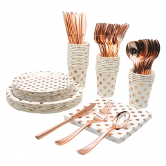 Rose Gold Polka Dots Theme Disposable Tableware Serves Dinner Plates,Salad Plates,Napkins,Paper Cups, Paper Straws,Tablecloth for Wedding,Anniversary,Birthday,Baby Shower