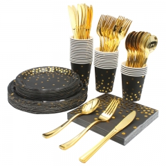 Black Gold Theme Tableware Serves Dinner Plates,Salad Plates,Paper Cups,for Wedding,Anniversary,Birthday,Baby Shower