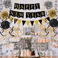 Black Happy New Year with Gold Black Paper Flag Bunting Swirl Streamers & Pom Poms for New year Party Decorations