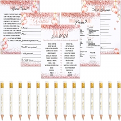 220 Pieces Bridal Shower Games Supplies, 5 Sets (40 Cards Each) Wedding Games Cards and 20 Pieces Pencils Printed Words Editable Bride and Groom Supplies for Wedding Shower Party(Pink Balloon)