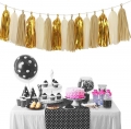 Tassel Garland Tissue Paper Tassels Banner Decoration for Birthday Party, Bridal Shower, Table Decor, Metallic Gold+Tan+Ivory, 15 pcs