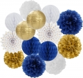 Navy-Blue White Gold Party Decorations - 14pcs Kits Paper Lanterns Fan,Tissue Flower Pom Poms Streamers,Honeycomb Balls,Graduation 2022 Men Birthday Wedding Baby Bridal Shower Decor Lasting Surprise