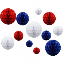 Paper Honeycomb Balls for July 4 Party, Nautical Party Hanging Decoration, Patriotic White Red Blue,12pcs