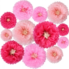 Pink Rose Red Party Decoration Set Hanging Paper Flowers Decoration Paper Chrysanth Flowers Paper Flower Balls DIY Crafting for Valentine Wedding Birthday Nursery Backdrop Wall Party Supply（12 Packs）
