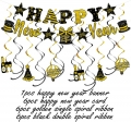 Happy New Year 2022 Eve Party Decorations Kit, Happy New Year Party Supplies, Happy New Year Banner, Black Gold and Silver Balloons, Hanging Swirls, Cupcake toppers