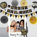Happy New Year Decorations 2023 Kit - Happy New Year Party Supplies, Including Happy New Year Porch Sign, Black and Gold Paper Fans, 2022 Foil Balloons, Happy New Year Banner