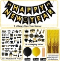 Happy New Year Eve Party Kit Pack of 91, 2022 Black and Gold Themed Happy New Year Decorations Kit - New Years Eve Photo Booth Props, Balloons, Hanging Swirls, Golden Foil Fringe Curtains, Happy New Years Banner