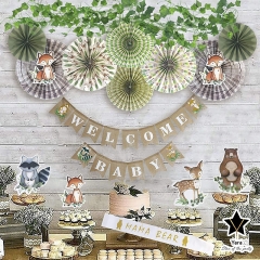 Baby Shower Decorations | Boy & Girl Gender Neutral Forest Animal Decor for Showers & Birthdays | Party Kit with Rustic Burlap Welcome Baby Banner, Creature Cut Outs & Fans, Ivy Garland