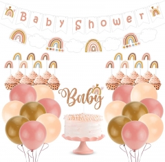 Rainbow Baby Shower Decorations, Bohemian Rainbow Baby Shower Banner, Rainbow Cloud Cake Toppers, Boho Rainbow Balloon Garland for Boys Girls Neutral Baby Shower Decor Party Supplies
