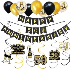 50th Anniversary Decorations Kit - 50th Wedding Anniversary Party Decorations Supplies - Including Gold Glitter Happy 50th Anniversary Banner / 9Pcs Sparkling 50 Hanging Swirl /6Pcs Poms