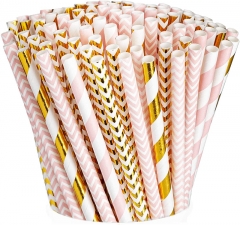 [200 Pack] Pink & Gold Paper Drinking Straws 100% Biodegradable Multi-Pattern Party Straws For Birthday, Wedding, Bridal, Baby Shower, And Holiday Decoration
