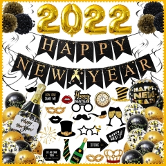 Happy New Year Decorations 2022 Kit, 57PCS Black and Gold New Years Eve Party Supplies 2022 Set with Happy New Year Banner, Glasses, Swirls, Photo Booth Props Party Supplies for New Years Eve Backdrop