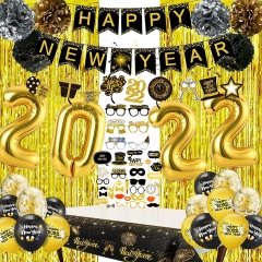 Happy New Year Decorations 2022 Kit - New Years Eve Party Supplies 2022 - Includes 40Inch 2022 Balloons, Happy New Years Banner, Photo Booth Props, Glasses, Foil Curtain, Hanging Swirls, Pompoms.