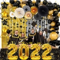 Black and Gold Graduation Party Decorations 2022 Kits - 40inch 2022 Foil Balloons, Graduations Balloons Garland, Glitter Circle Dot Garland Streamer, Fringe Curtain, Paper Fans and Hanging Swirls for 2022 Graduation Decoration Black and Gold
