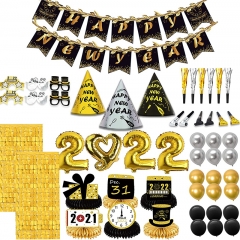 New Years Eve Party Supplies 2022 for 12 Guests, New Years Eve Party Decorations Pack, Including 6 Hat, 6 Glasses, 6 blowouts, 6 Squawkers, 6 Table Centerpiece, 2 Foil Fringe Curtains, 18 Balloons, a Happy New Year Banner
