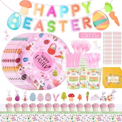 Easter Plates and Napkins Disposable, 130 Pcs Easter Paper Plates Easter Party Supplies, Pink Easter Bunny Dinnerware Sets, Easter Decoration Cup Cake Toppers Banner Tableware Set Serves 16 Guests