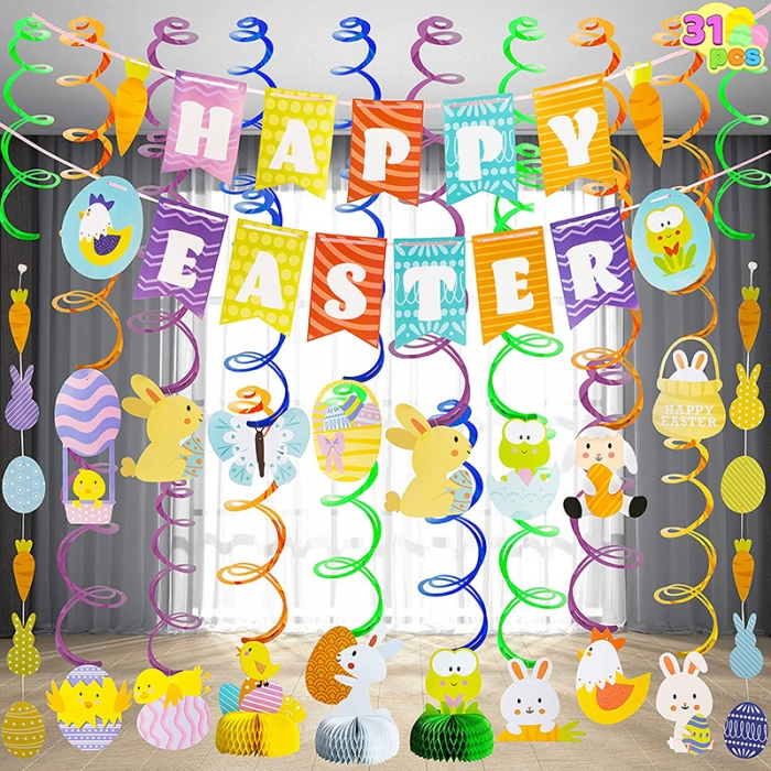 31 Pcs Easter Decorations Hanging Swirls and Honeycomb Centerpiece, Happy Easter Banners Bunny Foil Swirl for Easter Themed Party Home Decoration Spring Party Favors Supplies