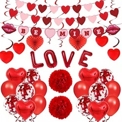 Valentine's Day Decorations 36 Pack LOVE Balloons and Banner Set Be Mine Valentine's Day Banner Hanging Heart Swirls Heart Foil Balloons Wedding Engagement Valentines Day Party Decoration Supplies
