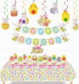 23Pcs Easter Party Decorations Set-2022 Happy Easter Bunny Banner,Easter Egg Bunny Hanging Swirl Foil Decorations,Easter Cake Toppers,Easter Tablecloth for Home Decoration Easter Themed Party Supplies