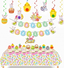 23Pcs Easter Party Decorations Set-2022 Happy Easter Bunny Banner,Easter Egg Bunny Hanging Swirl Foil Decorations,Easter Cake Toppers,Easter Tablecloth for Home Decoration Easter Themed Party Supplies