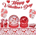 Valentines Plates,Party Supplies Serves 16,Valentines Day Decorations,Complete Pack Includes banner,Red Heart Plates,Napkins,Tablecloth, Banner, Cups,Straws and Valentines day balloons(150PCS)