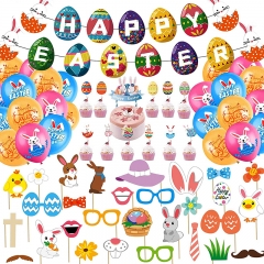 58pcs Easter Decoration Set, Bunny Decor Balloon Kit, Happy Easter Egg Banner Photo Booth Props Easter Accessories for Easter Home Party Favors Supplies, Banner/Cake Topper/Balloons/Egg Ornaments