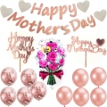 Rose Gold Happy Mother’s Day Banner, Mother’s Day Party Decorations 2 Rose Gold Cake Toppers 1 Foil Flower Balloon 10 Latex Balloons