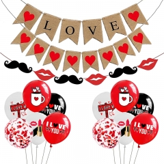2Pcs Valentines Day Burlap Banner & Red Lip Garland & 12Pcs Valentines Day Balloons Set, Romantic Valentines Day Decorations Colorful Love Hanging Banner for Wedding Engagement Party Home Decorh 1 LOVE Banner, 1 Hearts Felt Garland, 6 Paper Fans, 6 Paper Flower Balls, 6 Hanging Swirls, 200 Rose Peta