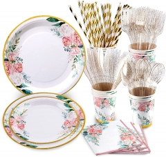 Floral Party Supplies, Bridal Shower Plates Serves 16, Floral Plates and Napkins Sets, Cups, Cutlery, for Baby Shower Birthday Decorations Wedding Tea Party Supplies