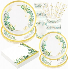 Greenery Baby Shower Plates and Napkins Set Decorations for 24 Guests, Neutral Safari Jungle Paper Tableware with Cups and Straws, Disposable Green Boho Theme Bridal Wedding Shower Party Decor