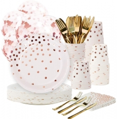 Rose Gold Party Supplies Set - 168PCS Rose Gold Paper Plates Disposable Dinnerware Set Dots 7” & 9” Paper Plates Napkins Cups Forks Knives Balloons Serve 24 Birthday Party Wedding Baby Shower