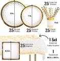 Gold Party Supplies Set - Disposable Paper Dinnerware Set Serves 24 - White and Gold Dinner/Dessert Party Plates, Napkins, Cups, Straws, Gold Tablecloth, Confetti For Wedding Bridal Showers, Brunch Decorations, Birthday Decorations and Baby Showers