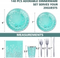 Teal and Silver Party Supplies 140 Pieces Silver Dot Disposable Party Dinnerware -Teal Paper Plates Napkins Cups, Silver Plastic Forks Knives Spoons for Girls Boys Birthday Baby Shower Decorations