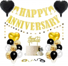 Happy Anniversary Decorations, Happy Wedding Anniversary Decorations with Banner, Cake Topper, Glitter Hanging, Ribbon and Balloons for All Ages' Anniversary Party Decorations (Black/Gold)