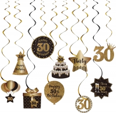 Happy 30th Birthday Party Hanging Swirls Streams Ceiling Decorations, Celebration 30 Foil Hanging Swirls with Cutouts for 30 Years Old Black and Gold Birthday Party Decorations Supplies