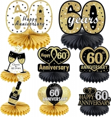 Happy 60th Anniversary Decorations Table Honeycomb Centerpiece, 8pcs 60 Wedding Anniversary Party Supplies, Black Gold Sixty Year Anniversary Table Topper Decor Kit