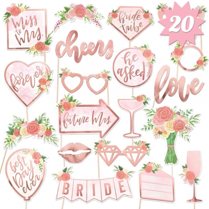 Confetti Bridal Shower, Wedding Photo Booth Props - 20 Pieces, pre-Assembled - Rose Gold Bachelorette Party Decorations, Bride to Be, Miss to Mrs