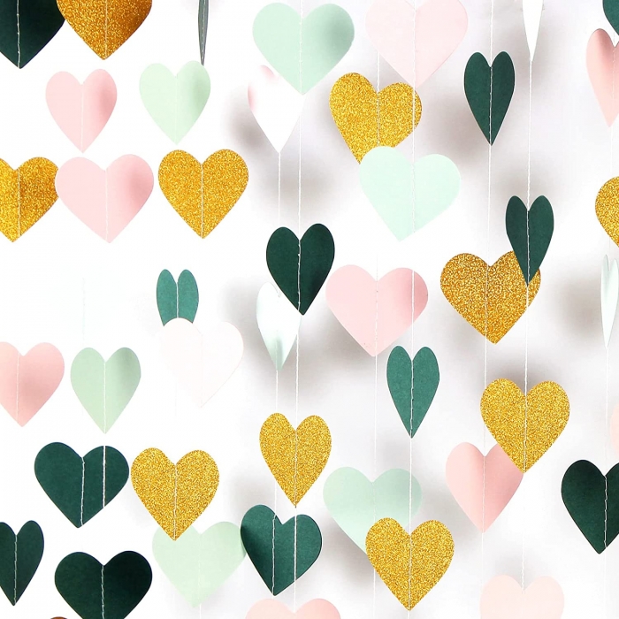 Sage-green Mint Pink-Gold Love-Heart Garland - 52Ft Rustic Wedding Hanging Decoration Streamers Banner,Valentines Mothers Day Bachelorette Bridal Shower Engagement Party Bunting Lasting Surprise