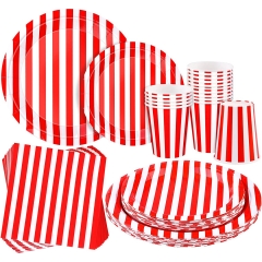 64 Pieces Carnival Table Decorations White and Red Striped Paper Plates Napkin Cup Circus Theme Party Decorations for Carnival, Birthday, Picnic Party