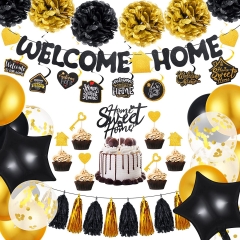 Welcome Home Party Decorations Welcome Back Party Supplies with Welcome Home Banner Welcome Home Balloons Gold Black Hanging Swirls Party Cake Cupcake Topper for Family Friend Party Supplies Decor